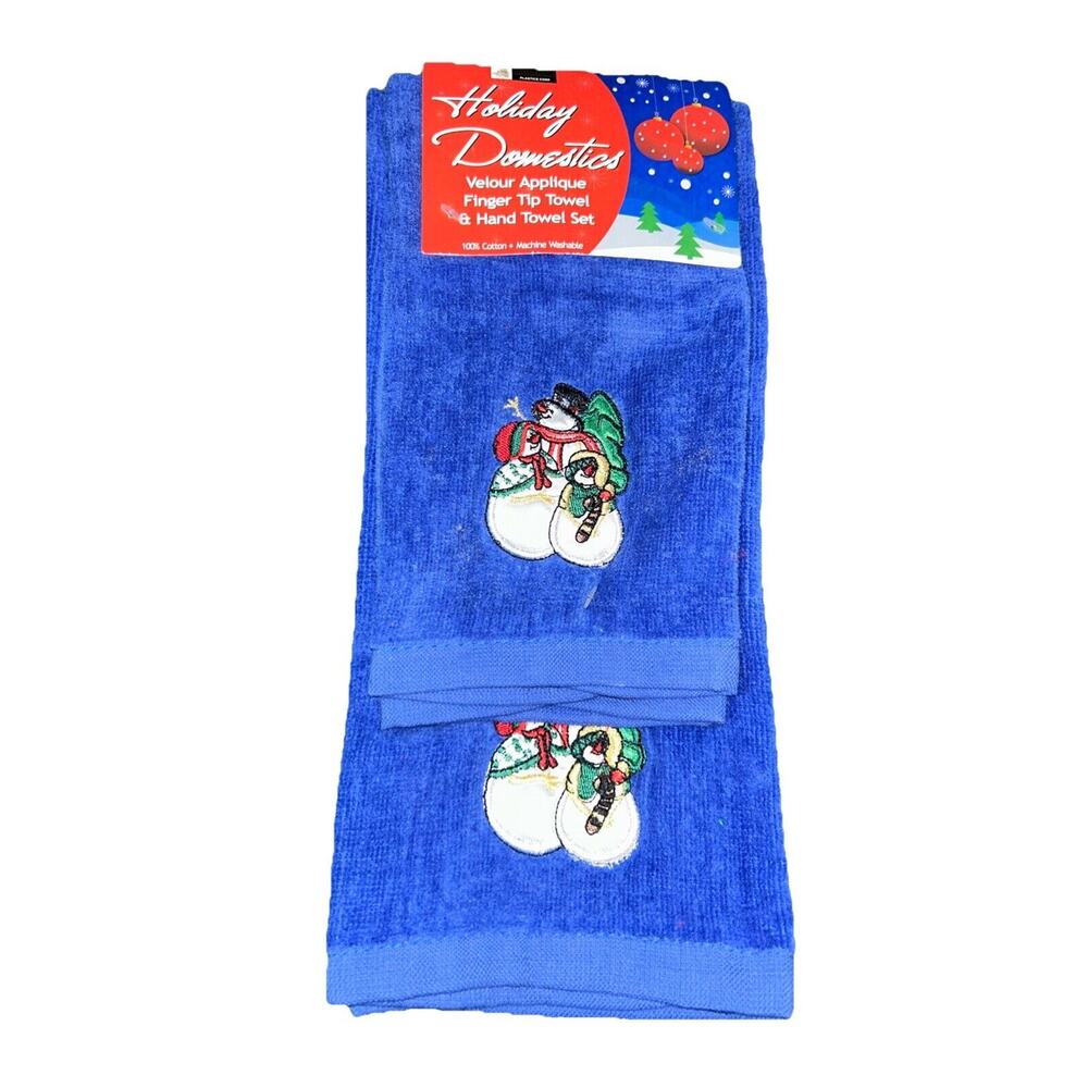 Holiday Domestics Snowman Christmas Tea Towel Set Velour Appliqué Royal Blue